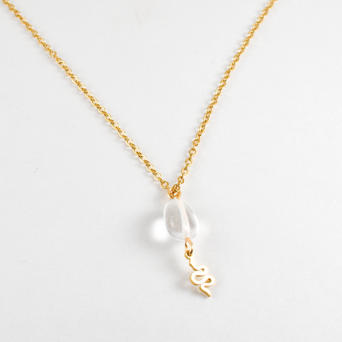 Clear Quartz and Golden Snake Stainless Steel Chain Necklace