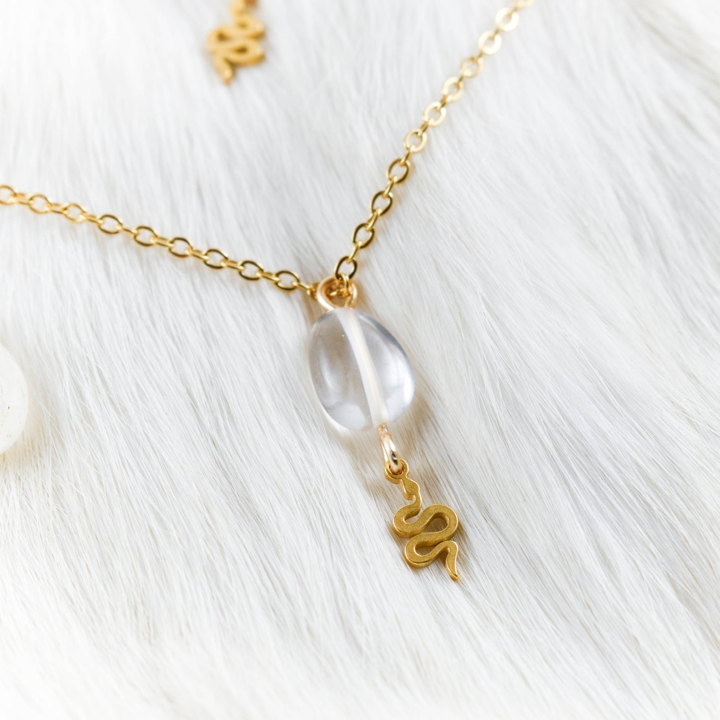 Clear Quartz and Golden Snake Stainless Steel Chain Necklace
