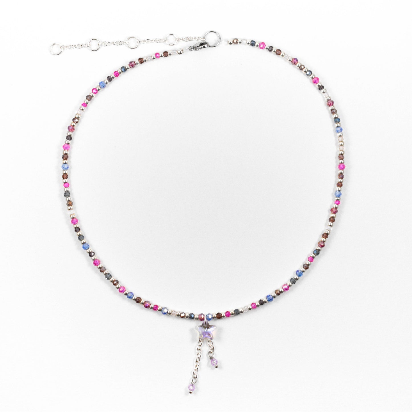 Silver Iridescent Magenta Star Beaded Necklace