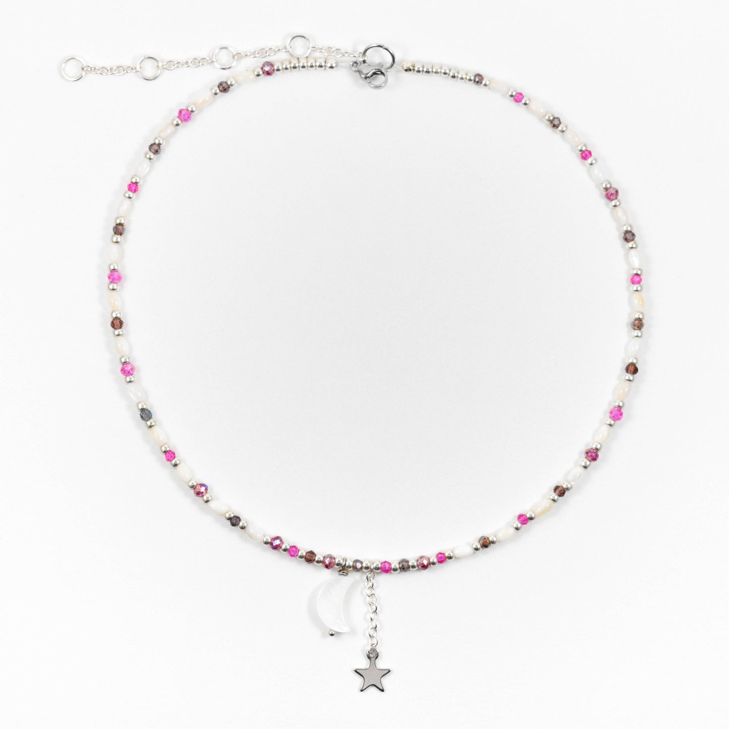 Silvery Pearl Magenta Moon and Star Beaded Necklace