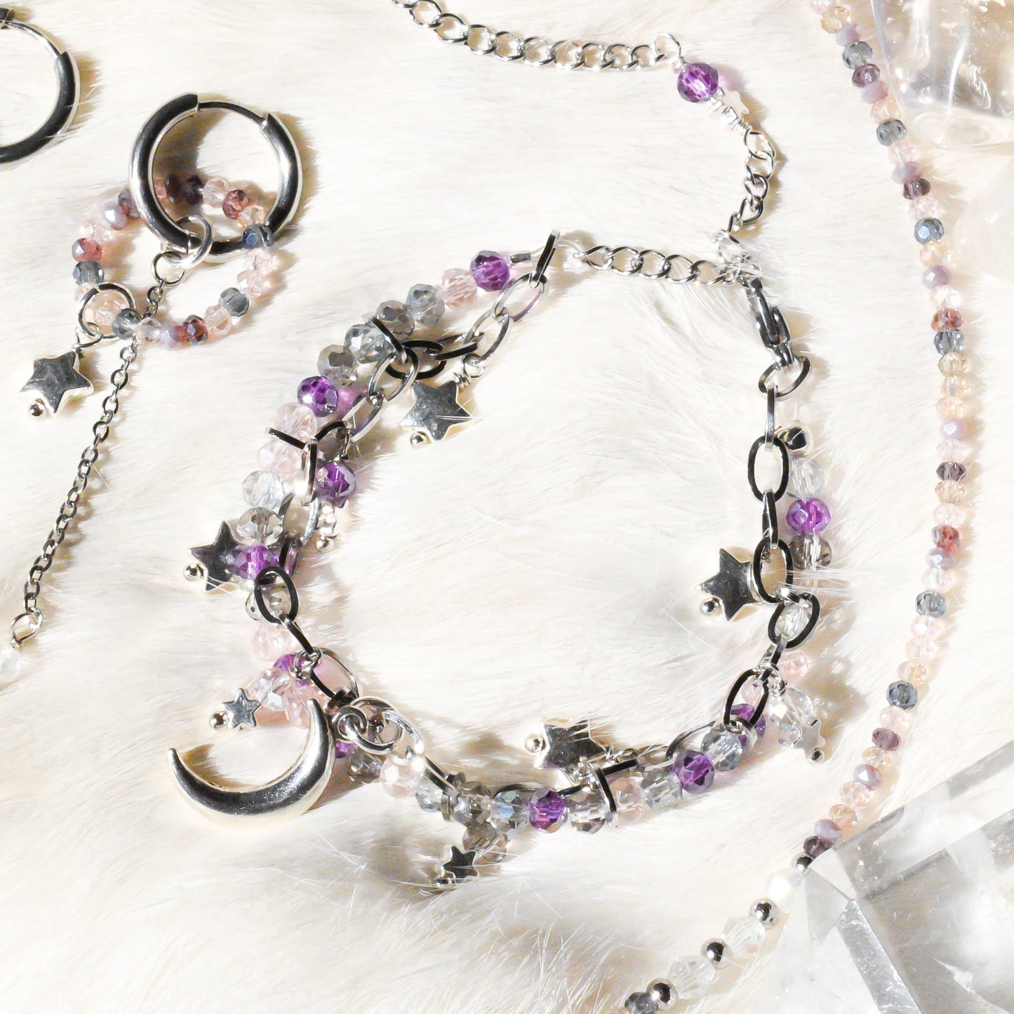 Purple Moon Goddess Chain and Bead Silver Bracelet