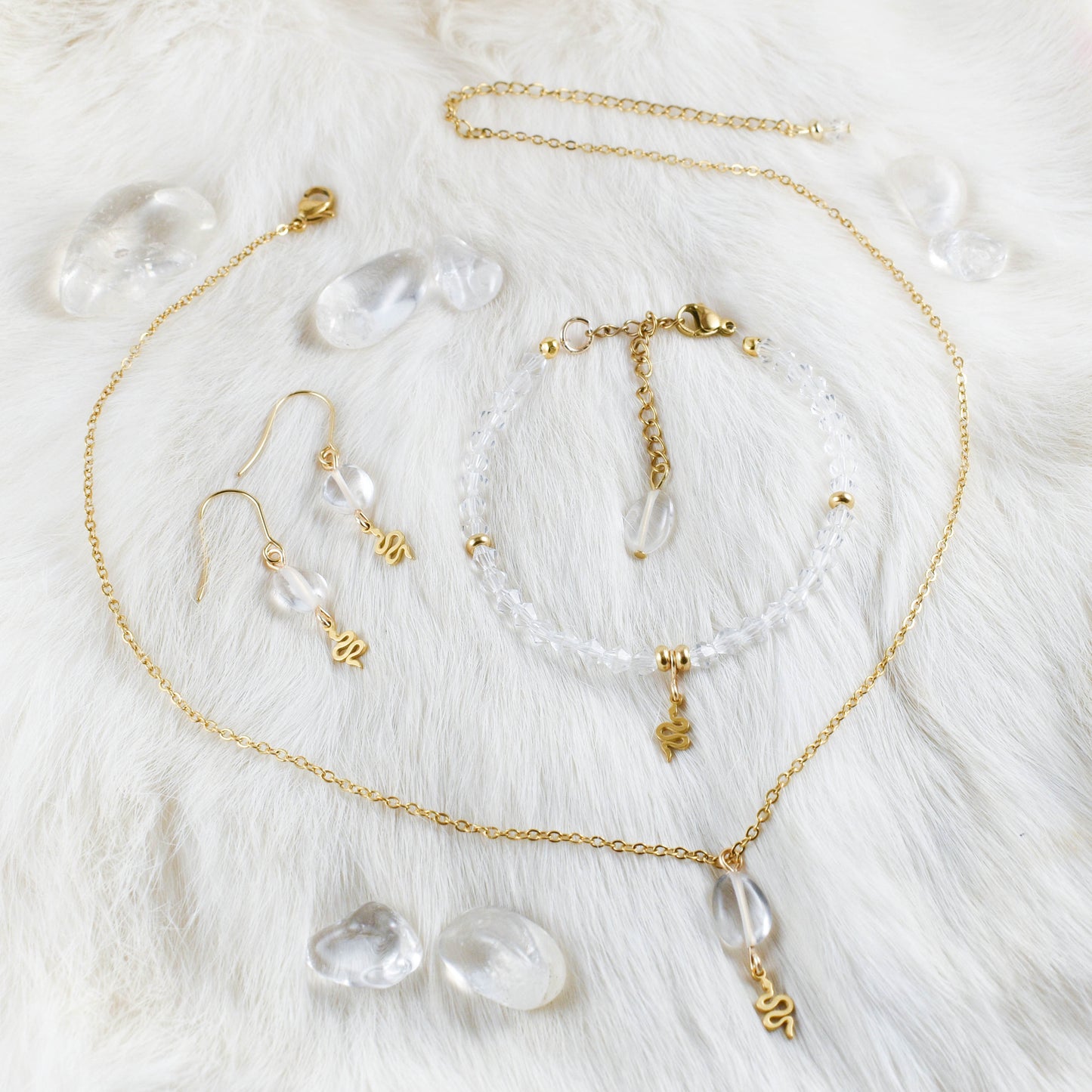 Clear Quartz and Golden Snake Earrings