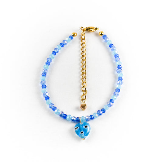Blue Glass Heart Golden Bracelet