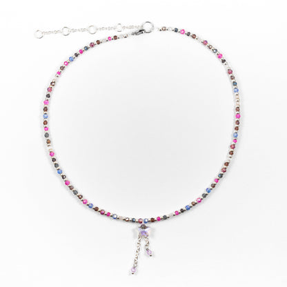 Silver Iridescent Magenta Star Beaded Necklace