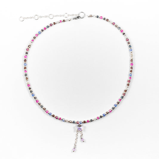 Silver Iridescent Magenta Star Beaded Necklace