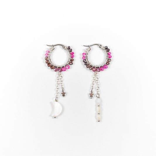 Magenta Silver Star and Moon Earrings