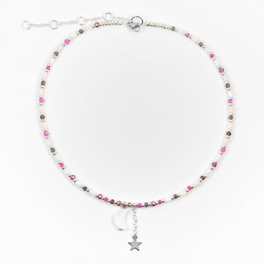 Silvery Pearl Magenta Moon and Star Beaded Necklace