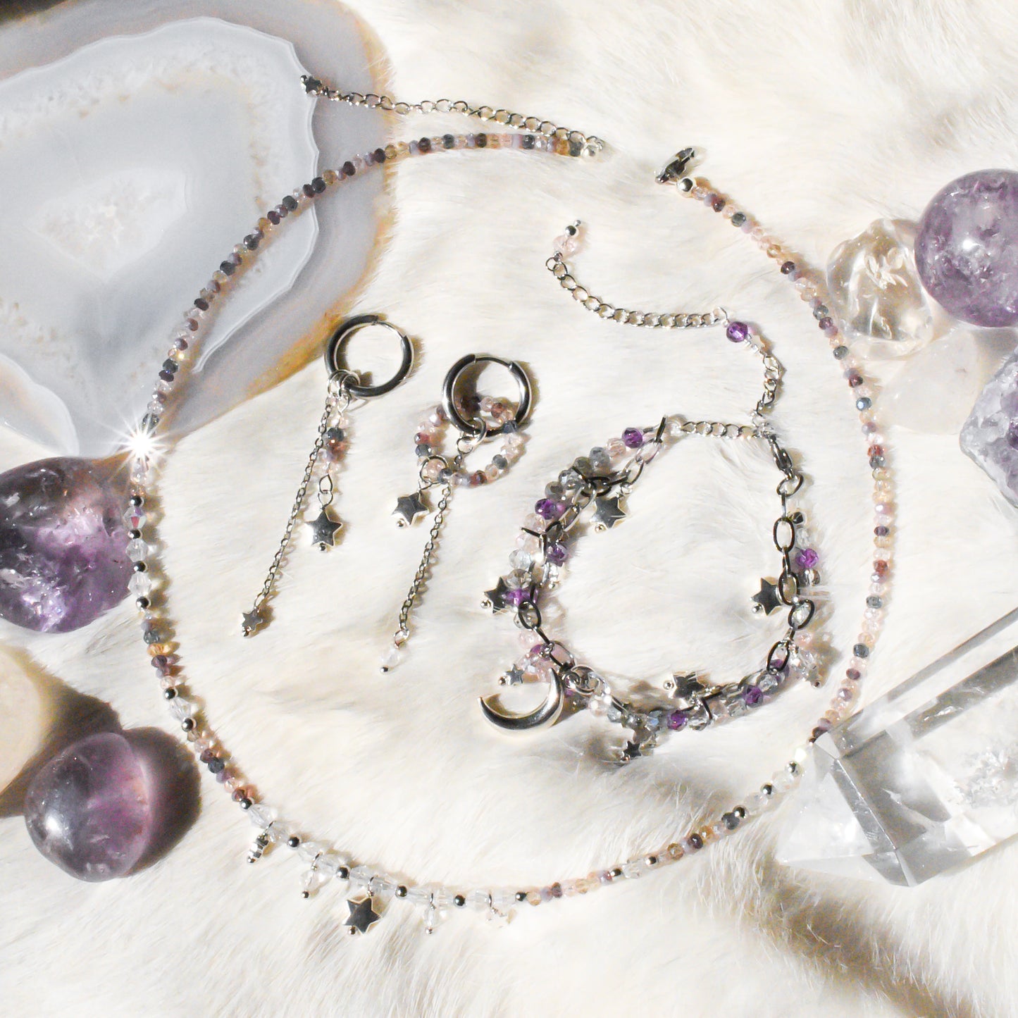 Purple Moon Goddess Chain and Bead Silver Bracelet