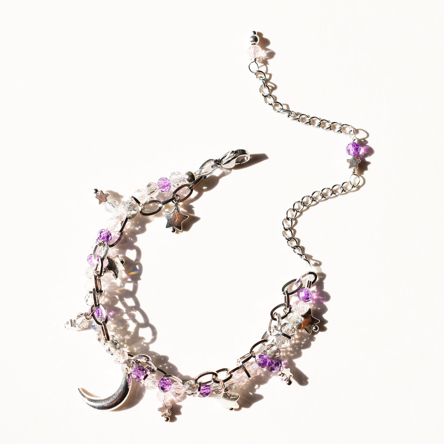 Purple Moon Goddess Chain and Bead Silver Bracelet