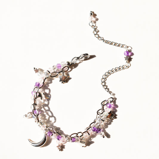 Purple Moon Goddess Chain and Bead Silver Bracelet