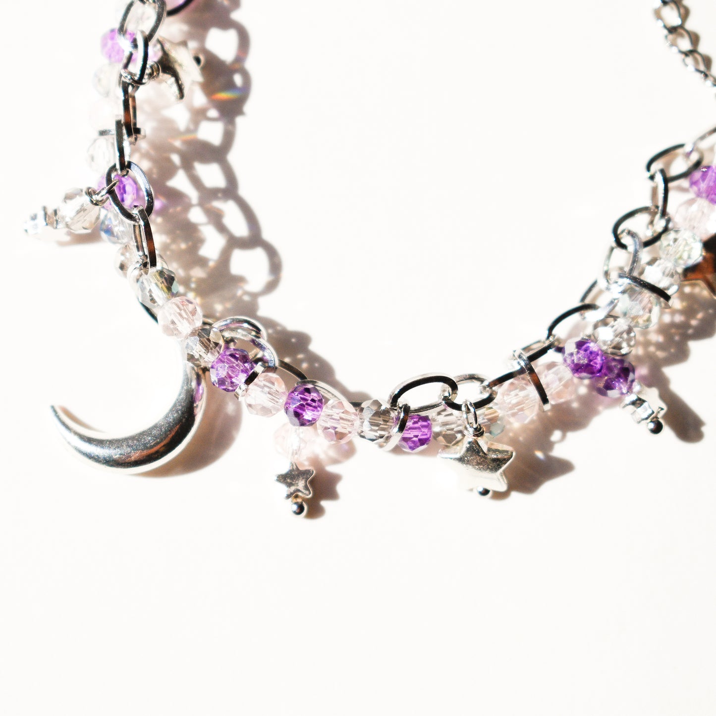 Purple Moon Goddess Chain and Bead Silver Bracelet